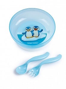 Миска 21/300 голубая на присоске с крышкой, вилкой и ложкой, 9+ (Canpol, 21/300_голубой)